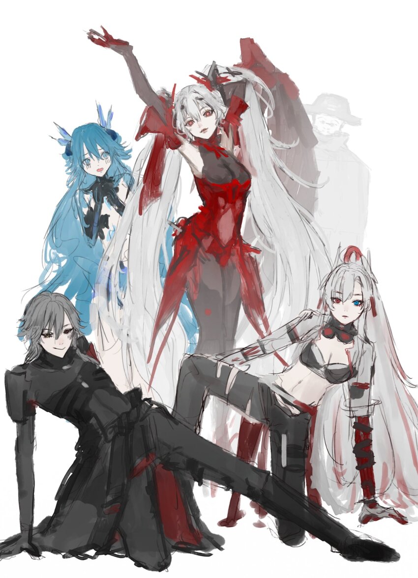 2boys, 3girls, alpha:_crimson_weave_(pgr), alpha_(pgr), black_bodysuit, black_bra, black_cape, black_collar, black_hat, black_leggings, black_sclera, blue_eyes, blue_hair, bodysuit, bra, breasts, cape, cleavage, collar, colored_sclera, detached_collar, elbow_gloves, embarrassed, eyewear_around_neck, fins, full_body, gabriel_(pgr), gi_ra1, gloves, grey_hair, grey_jacket, hair_ornament, hat, head_fins, headgear, heterochromia, highres, humanoid_robot, jacket, lamia:_lost_lullaby_(pgr), lamia_(pgr), leggings, long_hair, luna:_oblivion_(pgr), luna_(pgr), mechanical_arms, multicolored_hair, multiple_boys, multiple_girls, open_clothes, open_jacket, ponytail, punishing:_gray_raven, red_bodysuit, red_eyes, red_hair, robot, roland:_flambeau_(pgr), roland_(pgr), shell, shell_hair_ornament, streaked_hair, torn_clothes, torn_leggings, twintails, underwear, very_long_hair