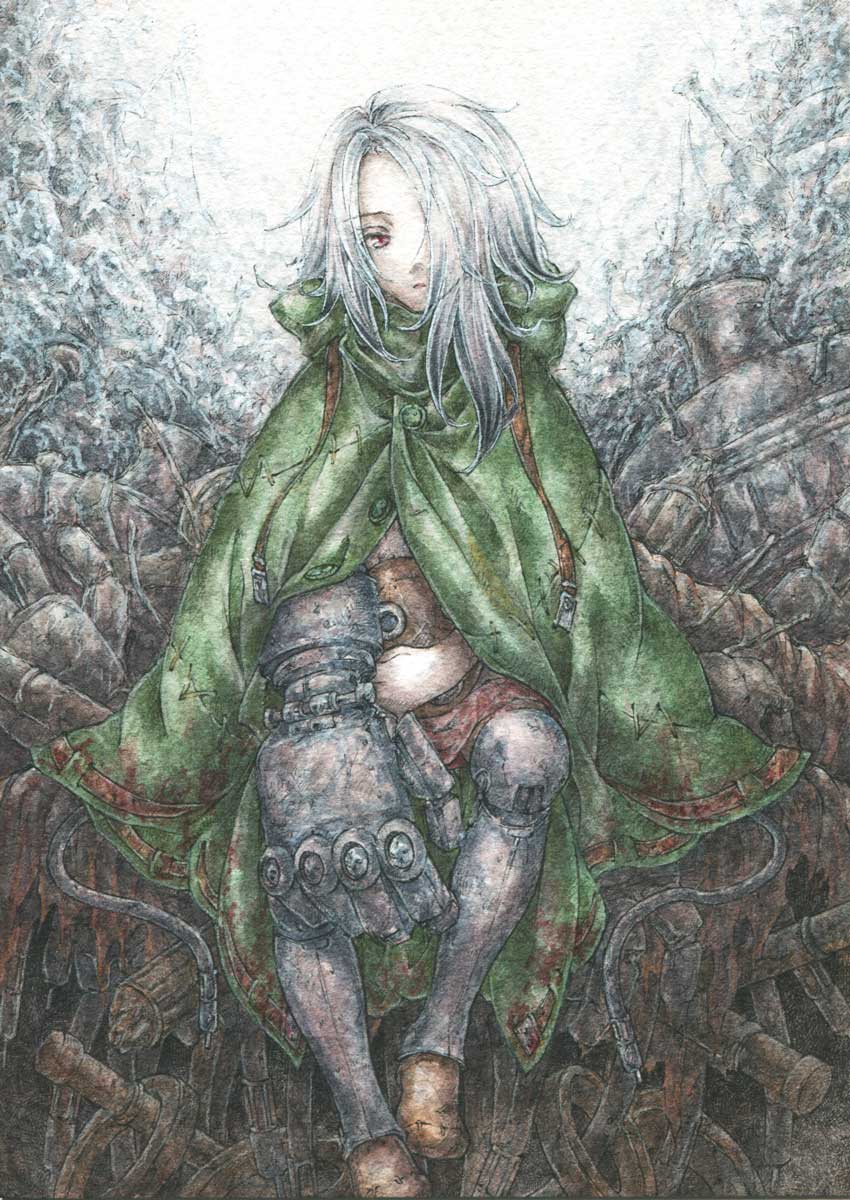 1boy, android, cloak, ender_lilies_quietus_of_the_knights, ender_magnolia_bloom_in_the_mist, expressionless, green_cloak, grey_hair, hair_over_one_eye, highres, lito_(ender_magnolia), long_hair, looking_at_viewer, machinery, mechanical_arms, nanai_yuki, painting_(medium), red_eyes, single_mechanical_arm, sitting, solo, traditional_media, watercolor_(medium)