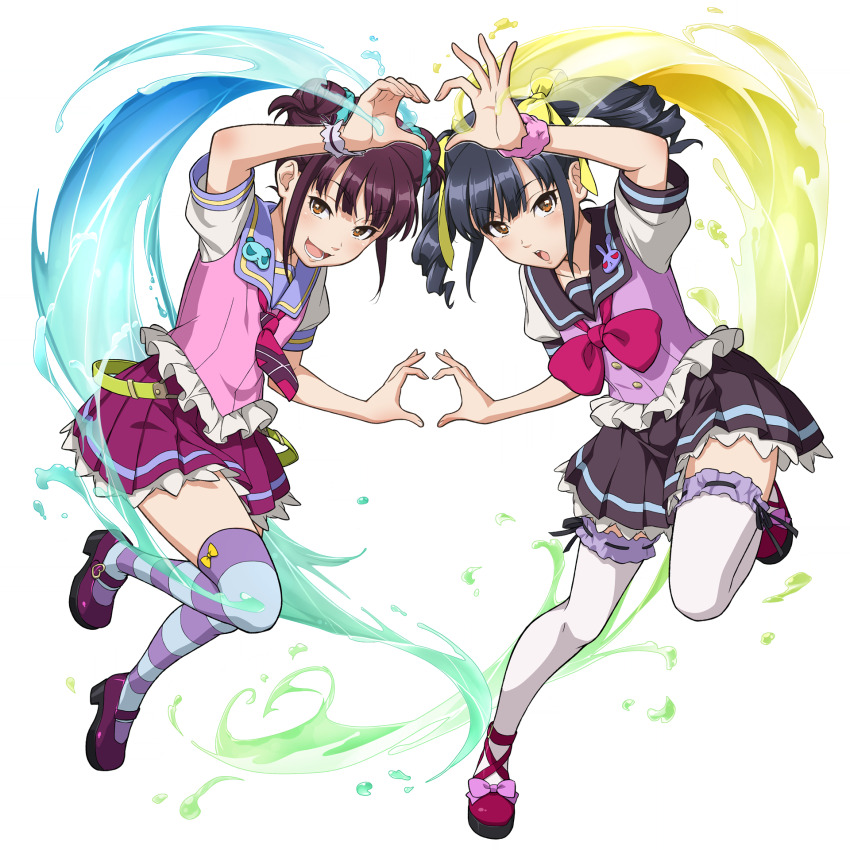 2girls, black_hair, black_skirt, bow, brown_eyes, double_bun, drill_hair, footwear_bow