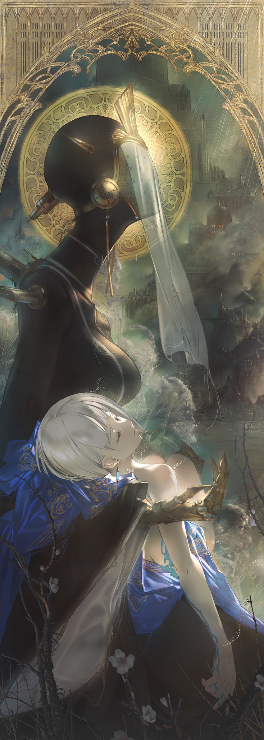 2girls, absurdres, android, black_dress, breasts, carrying, castle, cityscape, closed_eyes, commentary, dress, earrings, ender_lilies_quietus_of_the_knights, ender_magnolia_bloom_in_the_mist, english_commentary, expressionless, flower, grey_hair, highres, jewelry, lilac_(ender_magnolia), medium_breasts, miv4t, multiple_girls, nola_(ender_magnolia), nude, official_art, princess_carry, profile, scenery, short_hair, single_earring, smoke, veil, white_flower