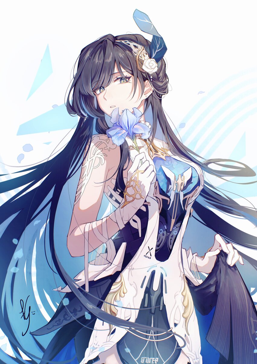 1girl, absurdres, black_hair, blue_feathers, blue_hair, colored_inner_hair, dress, feather_hair_ornament