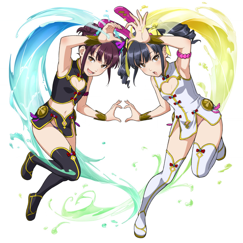 2girls, animal_ear_hairband, animal_ears, armpits, bare_shoulders, black_boots, black_hair, black_hairband