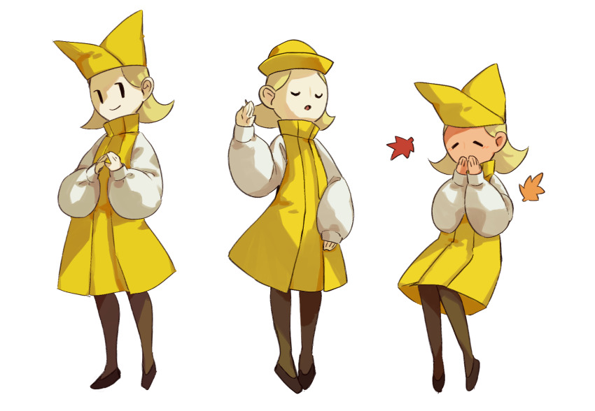 1girl, autumn_leaves, black_eyes, black_shoes, blonde_hair, closed_eyes, closed_mouth, covering_own_mouth, dress, flats, grey_pantyhose, hand_up, hat, highres, invisible_chair, leaf, light_blush, long_sleeves, mario_(series), medium_hair, multiple_views, mumumu57hiro, nintendo, olivia_(paper_mario), open_mouth, own_hands_together, pale_skin, pantyhose, paper_mario, paper_mario:_the_origami_king, personification, pinafore_dress, puffy_long_sleeves, puffy_sleeves, shirt, shoes, simple_background, sitting, sleeveless, sleeveless_dress, sleeves_past_wrists, smile, solid_oval_eyes, standing, turtleneck, turtleneck_dress, white_background, white_shirt, yellow_dress, yellow_hat