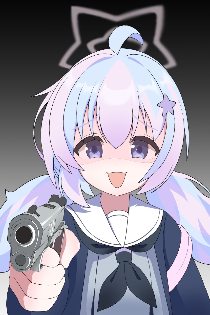 1girl, absurdres, ahoge, aiming, blue_archive, blue_hair, cran_berrie, grey_background