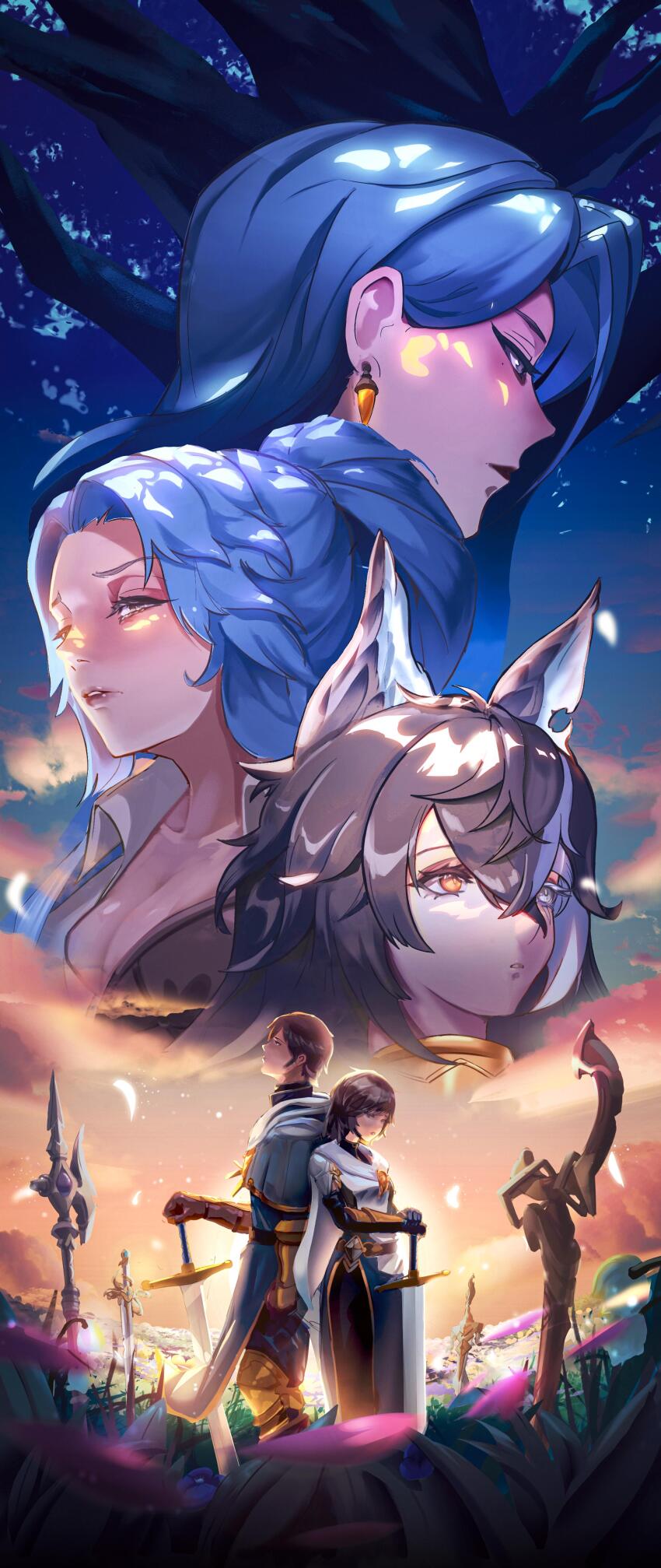 1boy, 4girls, absurdres, animal_ears, back-to-back, backlighting, black_hair, branch, breasts, brown_hair, cape, cleavage, cloud, cloudy_sky, collar, dappled_sunlight, earrings, eyeliner, female_voyager, field, flower, flower_field, fox_ears, gauntlets, glowing, glowing_petals, grass, grey_eyes, grey_hair, highres, jewelry, lily_of_the_valley, lips, lipstick, long_hair, makeup, male_voyager, mole, mole_under_eye, momo_(sword_of_convallaria), multiple_girls, night, parted_lips, petals, planted, planted_staff, planted_sword, planted_weapon, ponytail, rawiyah_(sword_of_convallaria), safiyyah_(sword_of_convallaria), sky, sunlight, sword, sword_of_convallaria, tabard, tree, twilight, valley, weapon, yellow_eyes, yzxlight