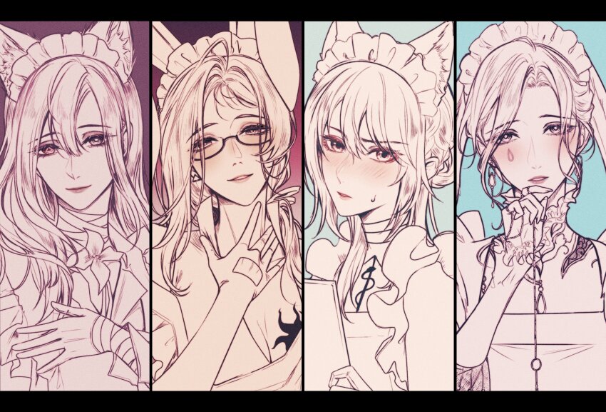 4girls, angon623, animal_ear_fluff, animal_ears, apron, black_border, blush, border