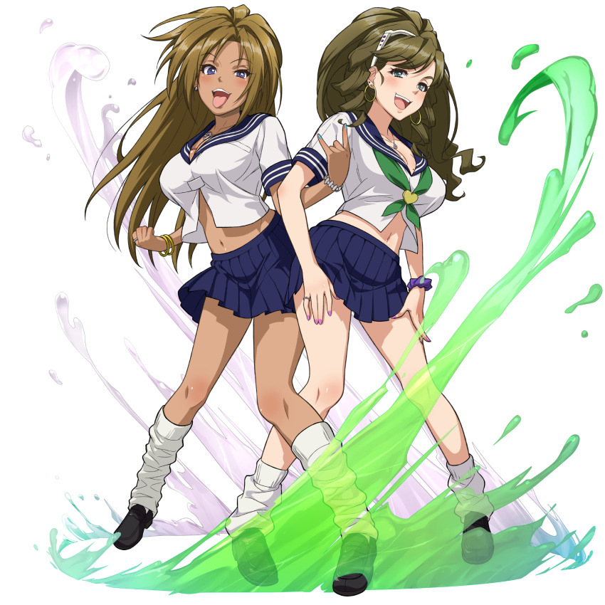 2girls, \||/, aqua_eyes, black_shoes, blue_eyes, blue_nails, blue_skirt, bracelet