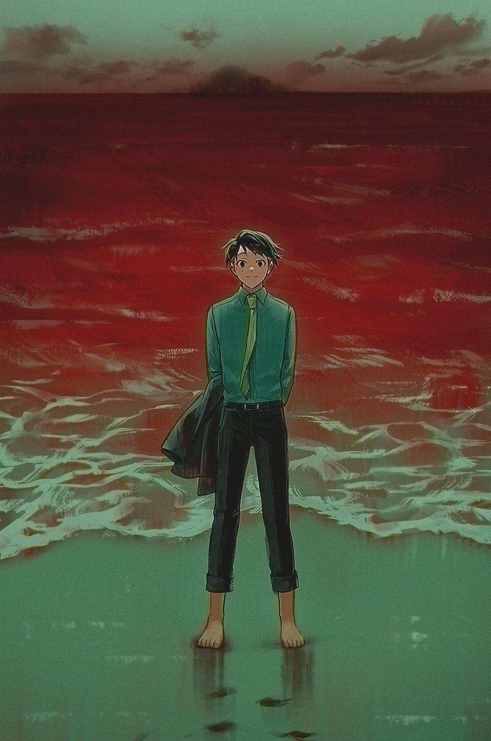 1boy, barefoot, beach, belt, black_hair, black_jacket, black_pants, closed_mouth