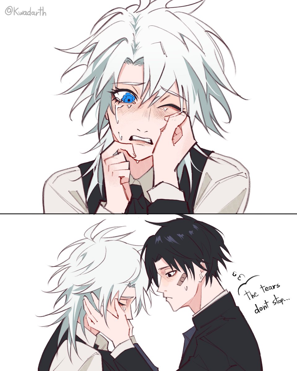 1boy, 1girl, bandaid, bandaid_boy_(chainsaw_man), bandaid_on_face, black_bow, black_bowtie, black_eyes