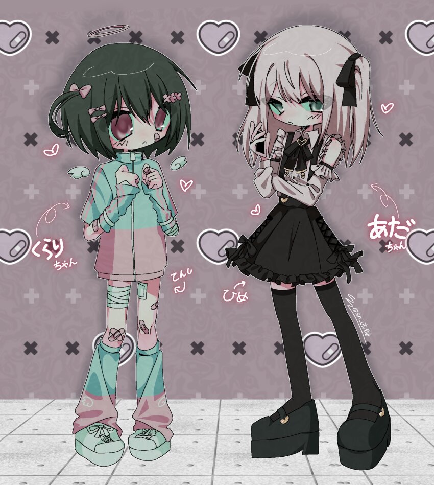 2girls, ada_(iyowa), alternate_costume, aqua_arm_warmers, aqua_eyes, aqua_jacket, aqua_leg_warmers, arm_warmers, artist_name, bandaged_leg, bandages, bandaid, bandaid_on_arm, bandaid_on_cheek, bandaid_on_face, bandaid_on_knee, bandaid_on_leg, black_hair, black_shirt, black_shoes, black_skirt, black_thighhighs, bow, character_name, crossed_bandaids, detached_sleeves, detached_wings, frilled_shirt, frilled_skirt, frilled_sleeves, frills, full_body, hair_bow, hair_ribbon, halo, hands_up, heart, highres, holding, holding_phone, iyowa_girls, jacket, jirai_kei, kurari-chan_(iyowa), leg_warmers, long_sleeves, looking_at_another, mini_wings, multicolored_jacket, multiple_girls, neck_ribbon, phone, pigeon-toed, pink_bow, pink_jacket, pink_leg_warmers, platform_shoes, red_eyes, ribbon, shirt, shoes, short-sleeved_jacket, short_hair, short_sleeves, skirt, sleeveless, sleeveless_shirt, sn_(sn_utu00), standing, suspender_skirt, suspenders, tenshi_kaiwai, thighhighs, traditional_halo, two-tone_jacket, two-tone_legwear, two_side_up, white_shoes, wings