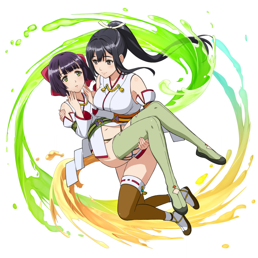 2girls, bare_shoulders, black_hair, bow, breasts, brown_eyes, brown_thighhighs, carrying