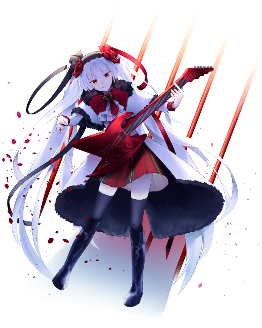 1girl, absurdly_long_hair, absurdres, albino, arcaea, ascot, black_boots, black_hairband, black_thighhighs, blunt_bangs, boots, bow, bowtie, buttons, capelet, closed_mouth, coat, commentary_request, electric_guitar, full_body, fur-trimmed_capelet, fur-trimmed_coat, fur_trim, guitar, hairband, head_tilt, highres, ilith_(arcaea), instrument, jitome, knee_boots, long_hair, long_sleeves, looking_at_viewer, miniskirt, open_clothes, open_coat, pale_skin, petals, plaid_clothes, plaid_skirt, playing_guitar, playing_instrument, re1re133, red_bow, red_bowtie, red_eyes, red_skirt, shadow, shirt, skirt, smile, solo, standing, striped_bow, striped_bowtie, striped_clothes, thighhighs, twintails, very_long_hair, white_ascot, white_background, white_capelet, white_coat, white_hair, white_shirt