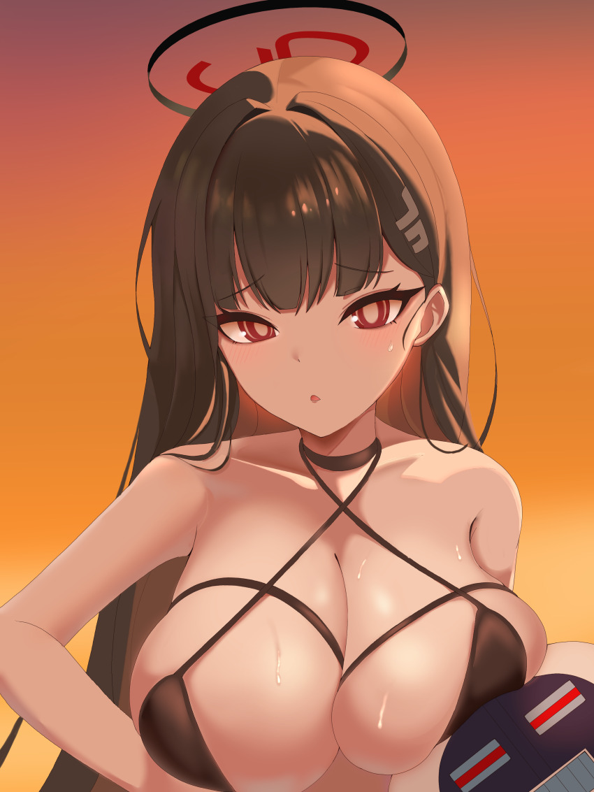 1girl, absurdres, alternate_costume, bare_shoulders, bikini, black_bikini, black_choker, black_hair