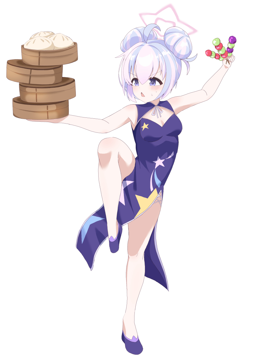 1girl, absurdres, ahoge, alternate_costume, alternate_hairstyle, bamboo_steamer, blue_archive, blue_hair