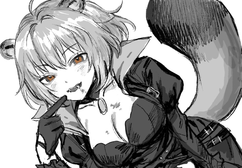 1girl, ahoge, animal_ears, blush, breasts, brown_eyes, cleavage, collarbone