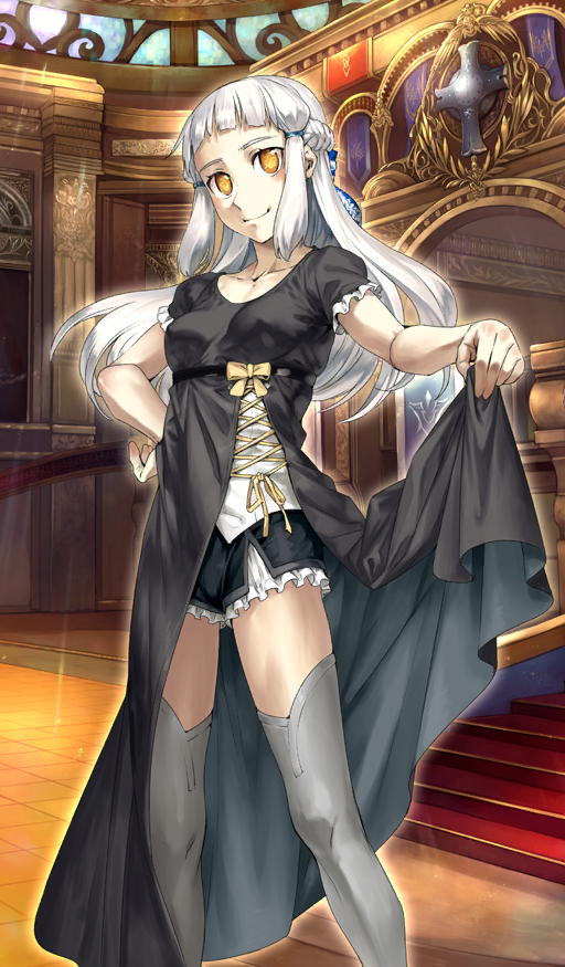1girl, black_shorts, bow, braid, breasts, clothes_lift, commentary, covered_erect_nipples, cross-laced_clothes, cross-laced_dress, dress, dress_lift, empire_waist, fate/grand_order, fate_(series), feet_out_of_frame, floating_hair, frilled_shorts, frilled_sleeves, frills, front_slit, grey_thighhighs, hair_tie, hand_on_own_hip, happy, indoors, light_particles, light_rays, long_hair, looking_at_viewer, lord_camelot_(fate), medium_breasts, no_pupils, official_art, orange_eyes, penthesilea_(fate), penthesilea_(formal_dress)_(fate), puffy_short_sleeves, puffy_sleeves, ribbon, shinjirou, shirt, short_sleeves, shorts, sidelocks, smile, solo, stained_glass, stairs, standing, thighhighs, two-sided_dress, two-sided_fabric, white_hair, white_shirt, yellow_bow, yellow_ribbon