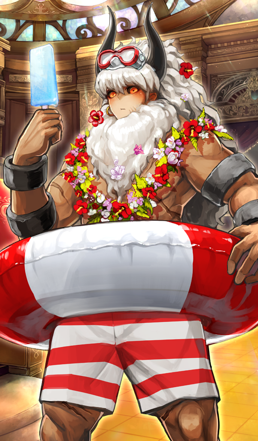 1boy, :i, armlet, asterios_(fate), asterios_(formal_dress)_(fate), beard, black_horns, black_sclera, blush, bracelet, chaldea_logo, closed_mouth, colored_sclera, commentary, dark-skinned_male, dark_skin, earrings, facial_hair, fate/grand_order, fate_(series), feet_out_of_frame, flower, flower_necklace, flower_request, food, goggles, goggles_on_head, hair_between_eyes, hair_flower, hair_ornament, holding, holding_food, holding_popsicle, hoop_earrings, horizontal-striped_clothes, horns, indoors, innertube, jewelry, light_rays, long_beard, long_hair, looking_at_viewer, male_focus, male_swimwear, muscular, muscular_male, necklace, official_art, pink_flower, popsicle, red_eyes, red_flower, red_male_swimwear, scar, scar_on_arm, scar_on_chest, scar_on_chin, scar_on_face, scar_on_leg, shimadoriru, solo, stained_glass, standing, striped_male_swimwear, swim_ring, swim_trunks, third-party_source, white_beard, white_flower, white_hair, white_male_swimwear