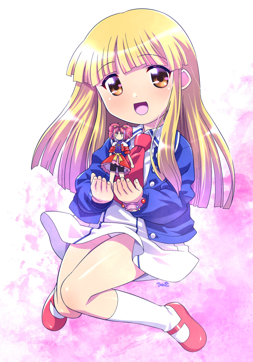 1girl, :d, blonde_hair, blue_cardigan, blunt_bangs, blunt_ends, brown_eyes, cardigan