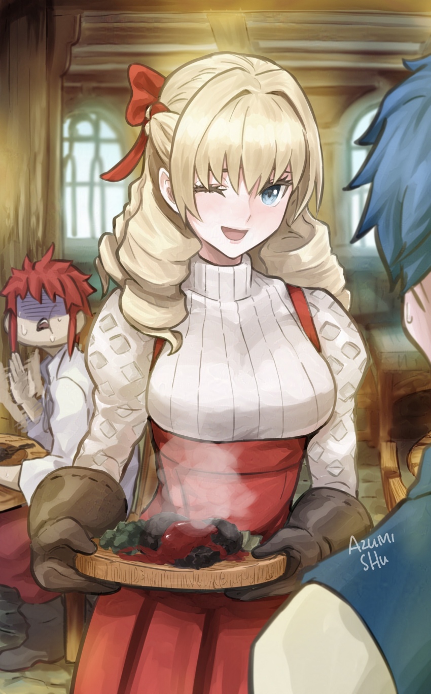 1girl, 2boys, absurdres, alain_(unicorn_overlord), artist_name, blue_eyes, blue_hair, burnt_food