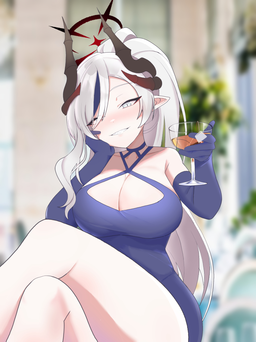 1girl, absurdres, bare_shoulders, black_horns, blue_archive, blue_dress, blue_gloves, blurry