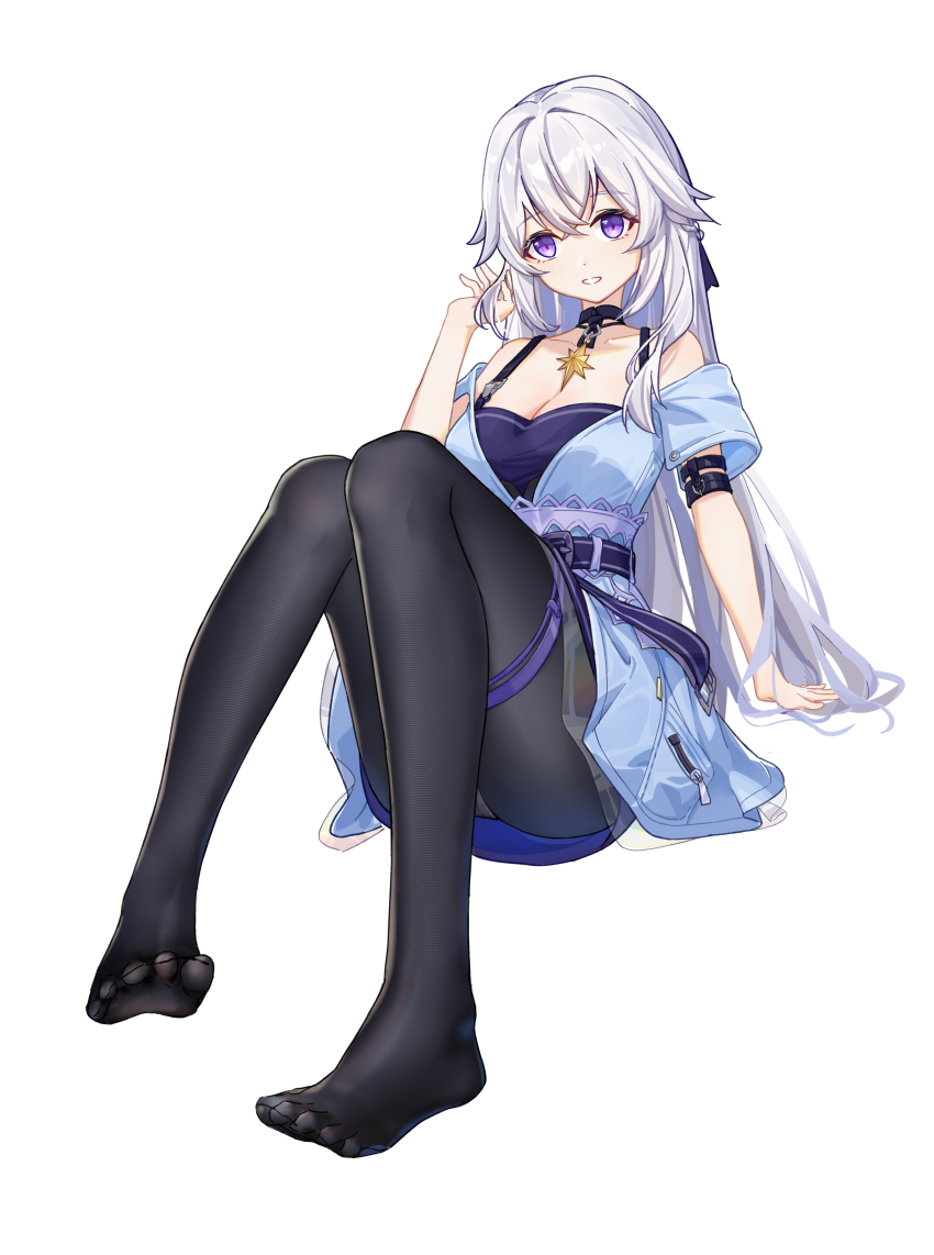 1girl, :d, absurdres, airaila, arm_strap, arm_support, bare_shoulders, belt, belt_buckle, black_choker, black_pantyhose, blue_dress, bow, braid, breasts, buckle, celestia_(strinova), choker, cleavage, crossed_bangs, dorsiflexion, dress, feet, hair_bow, hair_flaps, half_up_braid, hand_in_own_hair, highres, knees_together_feet_apart, knees_up, light_smile, long_hair, medium_breasts, no_shoes, off-shoulder_dress, off_shoulder, open_mouth, pantyhose, pendant_choker, purple_belt, purple_dress, purple_eyes, simple_background, sitting, smile, solo, spaghetti_strap, star_pendant, strinova, thigh_strap, toes, very_long_hair, white_background, white_hair