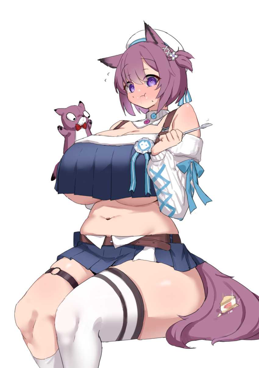 1girl, absurdres, alternate_breast_size_(larger), animal_ears, arknights, bare_shoulders, blue_shirt, blue_skirt, breasts, closed_mouth, commentary_request, crop_top, dur-nar_(arknights), dur-nar_(plush_cake)_(arknights), feet_out_of_frame, flying_sweatdrops, food, food_on_tail, fork, fox_ears, fox_tail, hair_ornament, hand_puppet, hands_up, hat, highres, holding, holding_fork, huge_breasts, kneehighs, long_sleeves, looking_at_viewer, midriff, navel, noe_(ppppriver), o-ring, o-ring_thigh_strap, off-shoulder_shirt, off_shoulder, official_alternate_costume, plump, puppet, purple_eyes, purple_hair, purple_tail, shirt, short_hair, simple_background, single_kneehigh, single_sock, single_thighhigh, sitting, skirt, sock_puppet, socks, solo, sweatdrop, tail, thick_thighs, thigh_strap, thighhighs, thighs, underboob, white_background, white_hat, white_socks, white_thighhighs