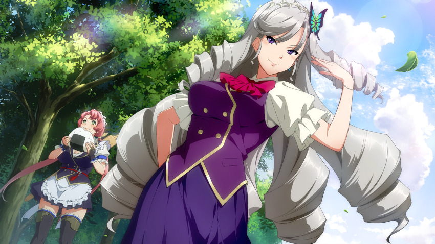 2girls, :t, black_gloves, black_thighhighs, blue_skirt, blue_sky, bow, bracelet