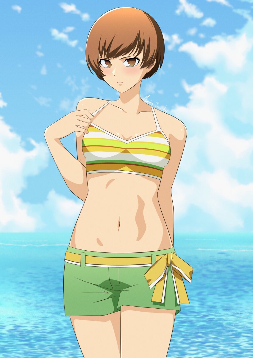 1girl, absurdres, arm_behind_back, bikini, blue_sky, blush, bow, breasts