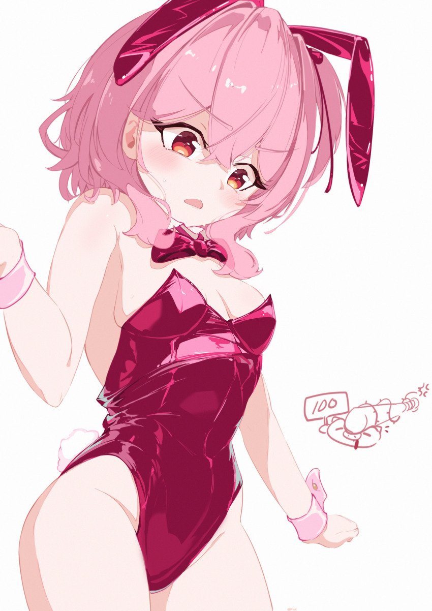 1girl, absurdres, alternate_costume, animal_ears, baseball_bat, blush, breasts, fake_animal_ears, fake_tail, hdukl, highres, medium_hair, nijisanji, nijisanji_en, open_mouth, pink_hair, playboy_bunny, rabbit_ears, rabbit_tail, red_eyes, rosebud_(rosemi_lovelock), rosemi_lovelock, small_breasts, solo, sweatdrop, tail, virtual_youtuber, white_background, wrist_cuffs