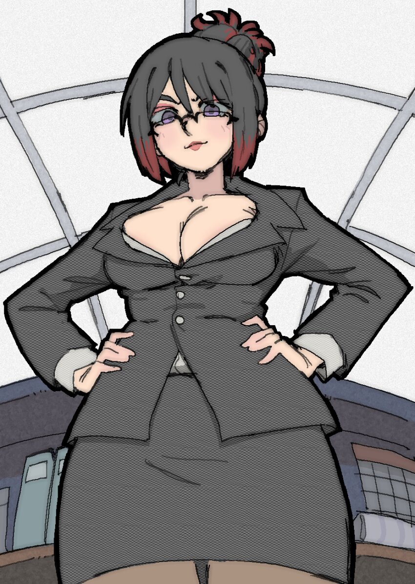 1girl, absurdres, black_hair, black_jacket, black_skirt, breasts, brown_pantyhose, class_of_09, cleavage, folded_ponytail, from_below, glasses, hands_on_own_hips, highres, jacket, large_breasts, lynn_hadley, miniskirt, multicolored_hair, office_lady, over-rim_eyewear, pantsu-ripper, pantyhose, pencil_skirt, purple_eyes, red_hair, red_lips, semi-rimless_eyewear, skirt, solo, streaked_hair, two-tone_hair, v-shaped_eyebrows