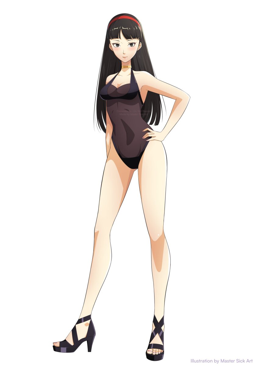 1girl, absurdres, amagi_yukiko, artist_name, black_hair, black_one-piece_swimsuit, blush, breasts