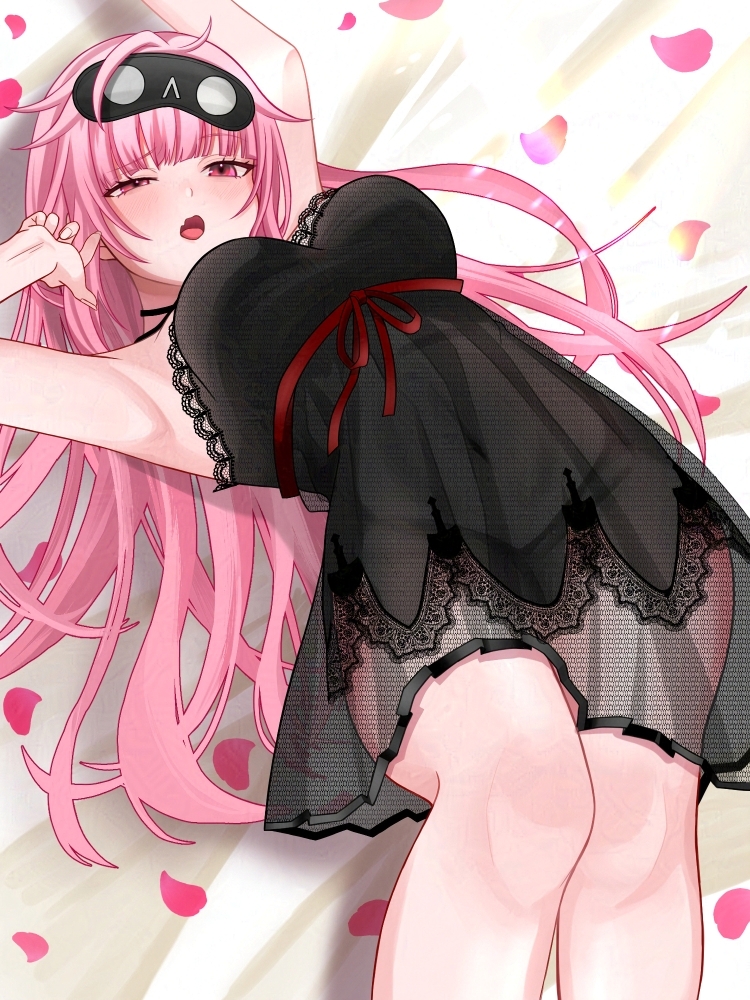 1girl, adversarial_noise, black_mask, black_nightgown, breasts, covered_navel, hololive, hololive_english, hrk_itoshi, lace-trimmed_nightgown, large_breasts, long_hair, lying, mask, mask_on_head, messy_hair, mori_calliope, mori_calliope_(sleepwear), nightgown, official_alternate_costume, on_back, open_mouth, petals, pink_eyes, pink_hair, sleep_mask, sleepwear, solo, stretching, virtual_youtuber