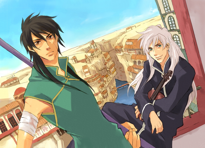 2boys, aqua_eyes, bandages, brown_eyes, brown_hair, canal, dutch_angle, earrings, instrument, jewelry, long_hair, male_focus, meteor_methuselah, multiple_boys, ozaki_kaori, pink_hair, rain_jewlitt, river, scar, sitting, standing, violin, zol_(meteor_methuselah)