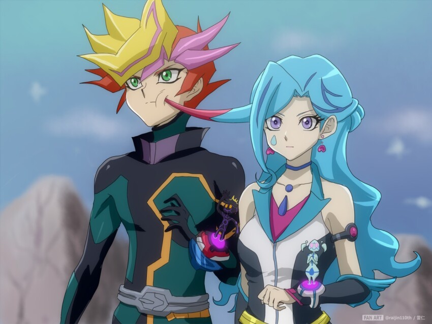 1boy, 1girl, 2others, ai_(yu-gi-oh!), alternate_form, annoyed, aqua_(yu-gi-oh!_vrains), arm_warmers