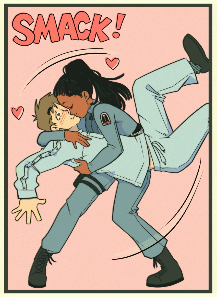 1boy, 1girl, ak_rtist, black_hair, blue_jacket, blue_pajamas, blue_pants, blue_shirt, blush, brown_hair, dark_skin, heart, heart-shaped_pupils, highres, holster, jacket, kiss, mickey_17, mickey_17_(movie), mickey_barnes, military_uniform, nasha_barridge, pajamas, pants, pink_background, ponytail, shirt, symbol-shaped_pupils, thigh_holster