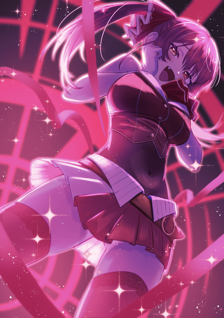 1girl, :d, absurdres, ascot, belt, breasts, brown_belt, brown_thighhighs