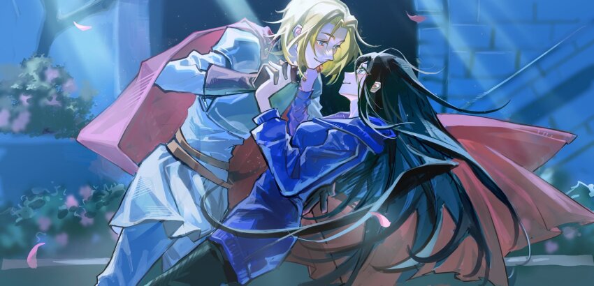 1boy, 1girl, aggxweohtsz0lin, black_hair, black_pants, blonde_hair, blue_eyes, blue_hoodie