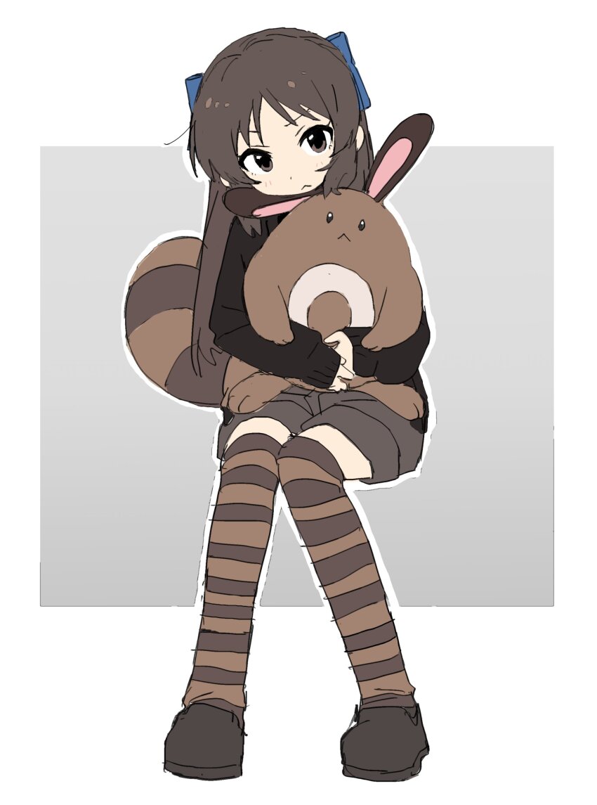 1girl, absurdres, blue_bow, blush, bow, brown_eyes, brown_hair, closed_mouth, full_body, gen_2_pokemon, hair_bow, hamayakikaijo, highres, holding, holding_stuffed_toy, idolmaster, idolmaster_cinderella_girls, long_sleeves, looking_at_viewer, nintendo, parted_bangs, pokemon, pokemon_(creature), sentret, short_shorts, shorts, sitting, sleeves_past_wrists, solo, stuffed_animal, stuffed_toy, tachibana_arisu, thighhighs
