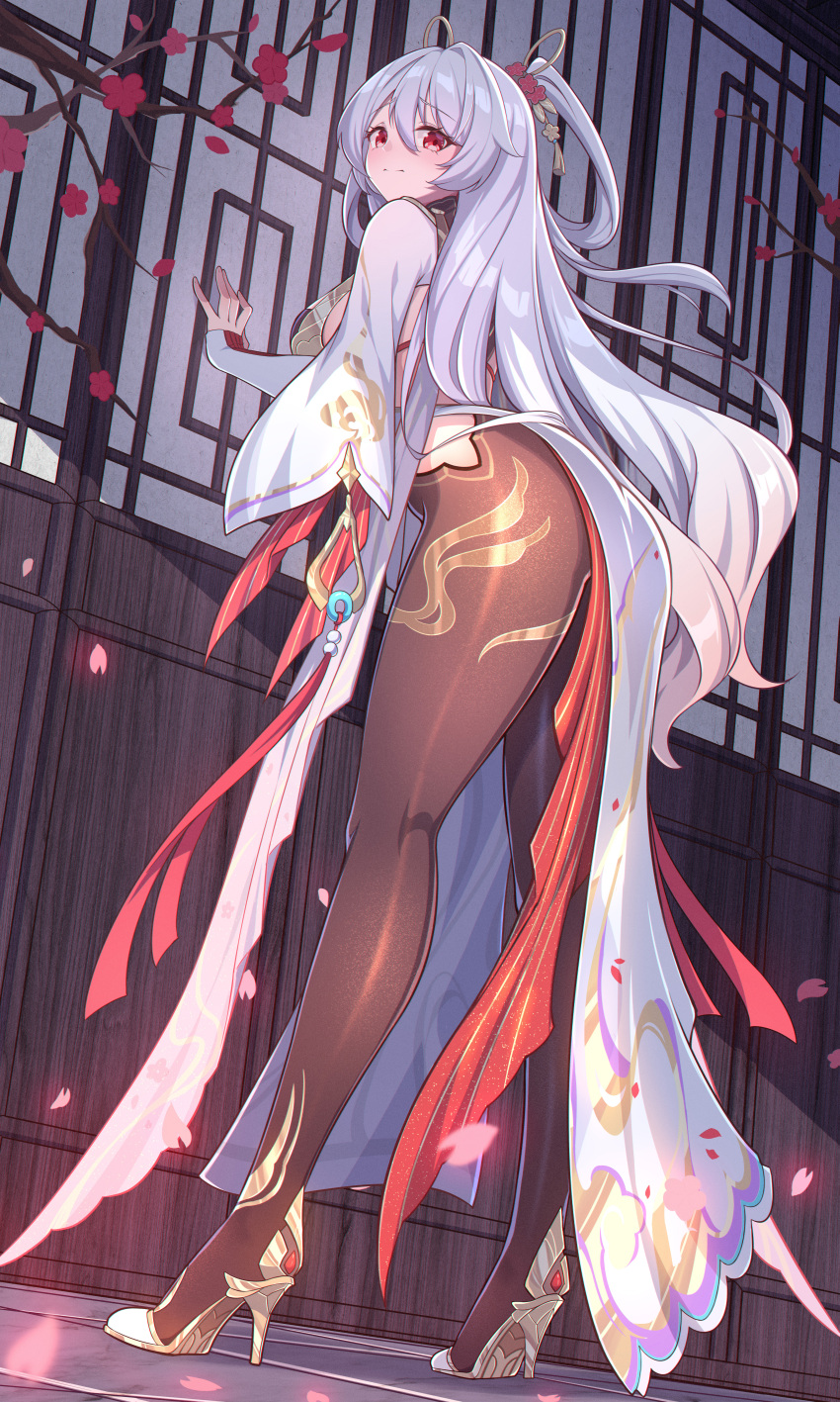 1girl, absurdres, architecture, ass, black_pantyhose, blush, breasts, chinese_clothes, closed_mouth, commentary_request, dress, east_asian_architecture, from_behind, hair_between_eyes, hair_ornament, high_heels, highres, honkai_(series), honkai_impact_3rd, large_breasts, legs, long_hair, long_sleeves, looking_at_viewer, luna_(redolent_in_red)_(honkai_impact), official_alternate_costume, pantyhose, phantom_racher, red_eyes, solo, theresa_apocalypse, theresa_apocalypse_(luna_kindred), luna_(honkai_impact), thick_thighs, thighs, very_long_hair, white_dress, white_hair