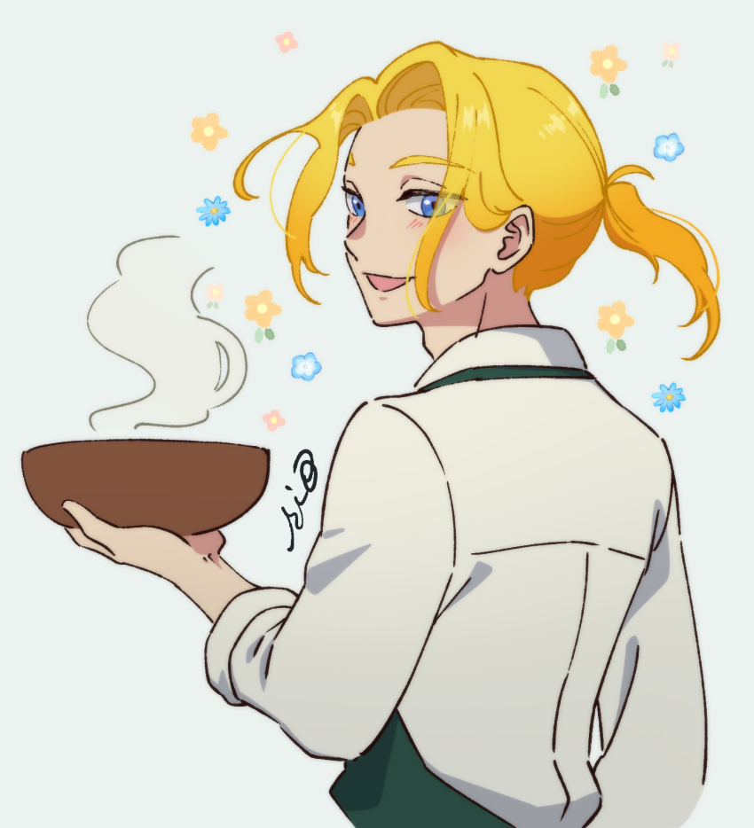 1boy, :d, adam's_apple, apron, artist_name, blue_eyes, bowl, flower