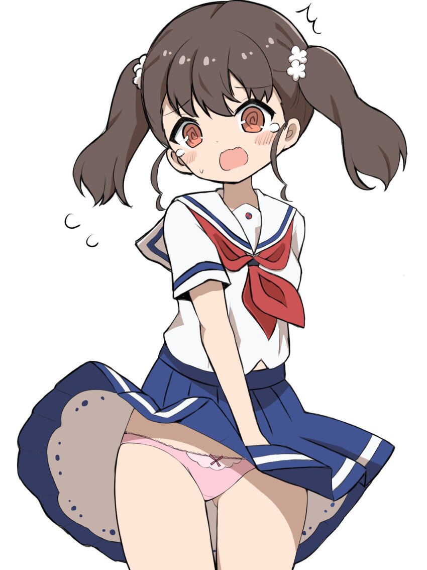 1girl, @_@, absurdres, black_hair, blush_stickers, bow, bow_panties, clothes_lift