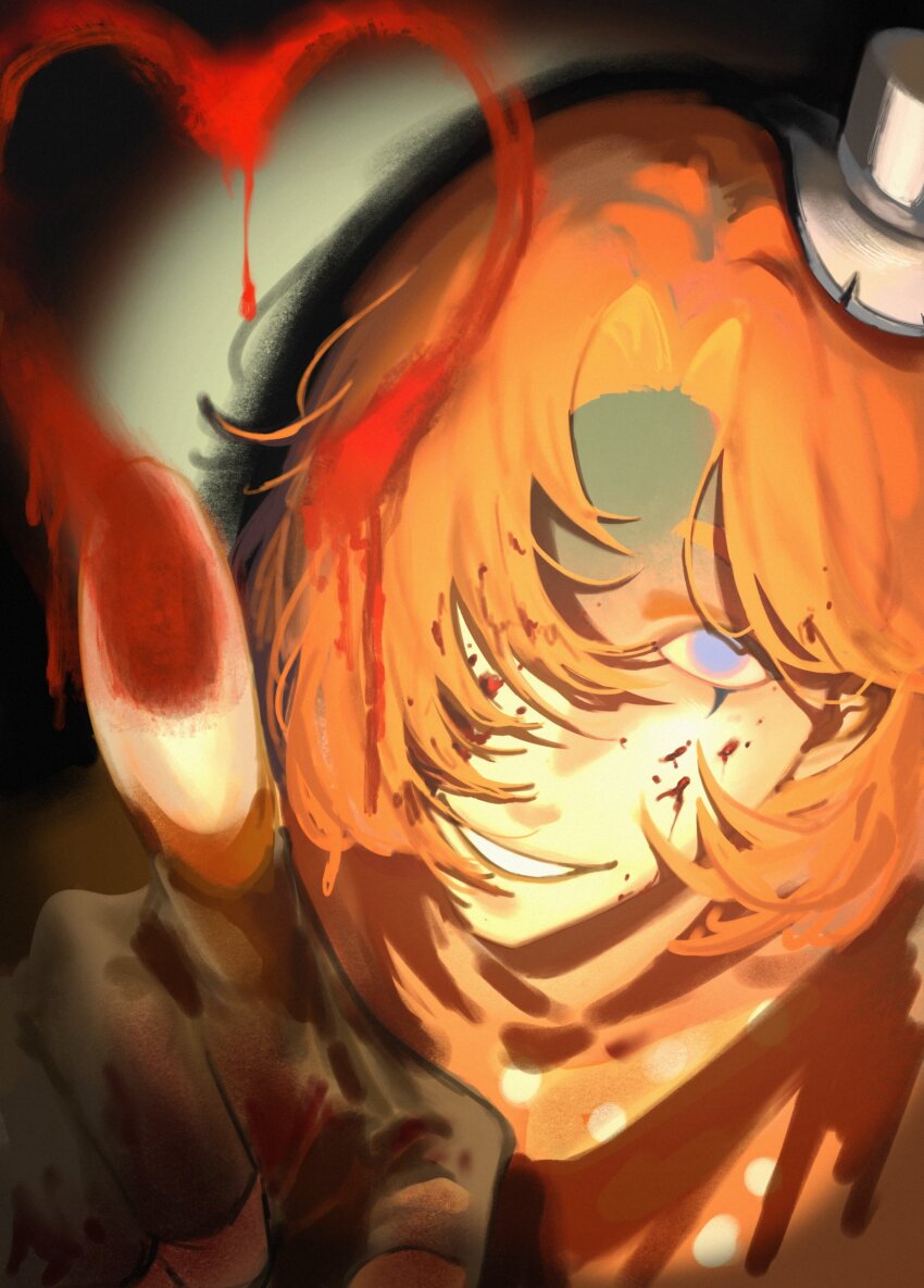 1boy, absurdres, black_gloves, black_hat, blood, blood_on_face, blood_on_hands, blue_eyes, drawing_on_fourth_wall, fingerless_gloves, gloves, grin, hair_over_one_eye, hat, heart, highres, ice0_eci, identity_v, looking_at_viewer, makeup, male_focus, medium_hair, polka_dot, polka_dot_scarf, red_hair, red_scarf, scarf, smile, solo, upper_body, weeping_clown_(identity_v)