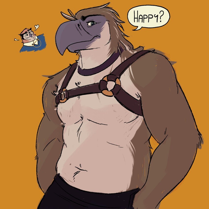 2boys, bara, belly, bird_boy, chest_harness, closed_mouth, daggerprometheus, eagle_boy