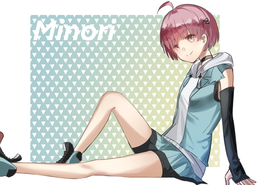 1girl, ahoge, bike_shorts, bike_shorts_under_skirt, black_gloves, black_shorts, elbow_gloves, gloves, hair_ornament, heaven_burns_red, highres, hood, kr_woyue, ooshima_minori, red_hair, short_hair, shorts, sitting, solo