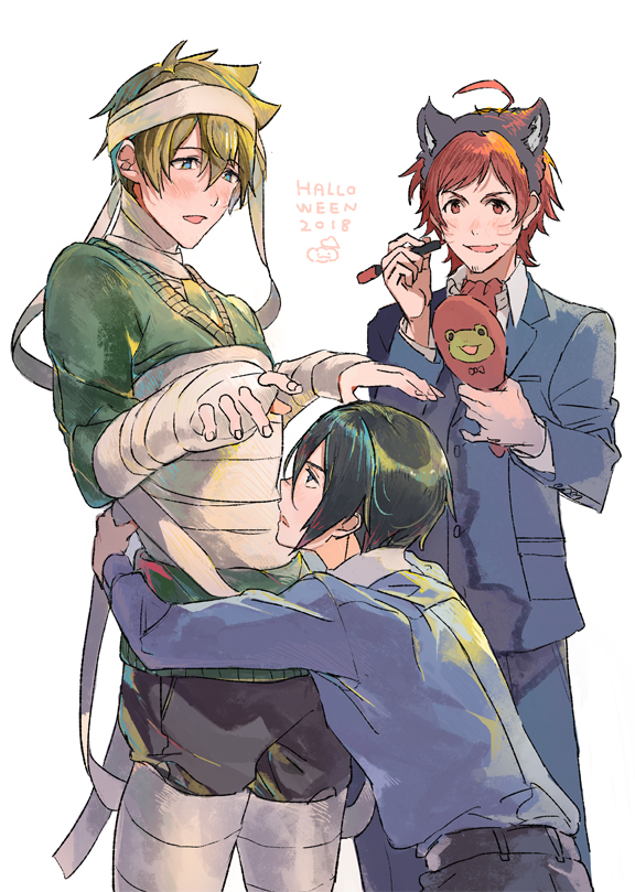 3boys, ahoge, animal_ears, bandaged_hand, bandaged_head, bandaged_leg, bandaged_neck, bandages