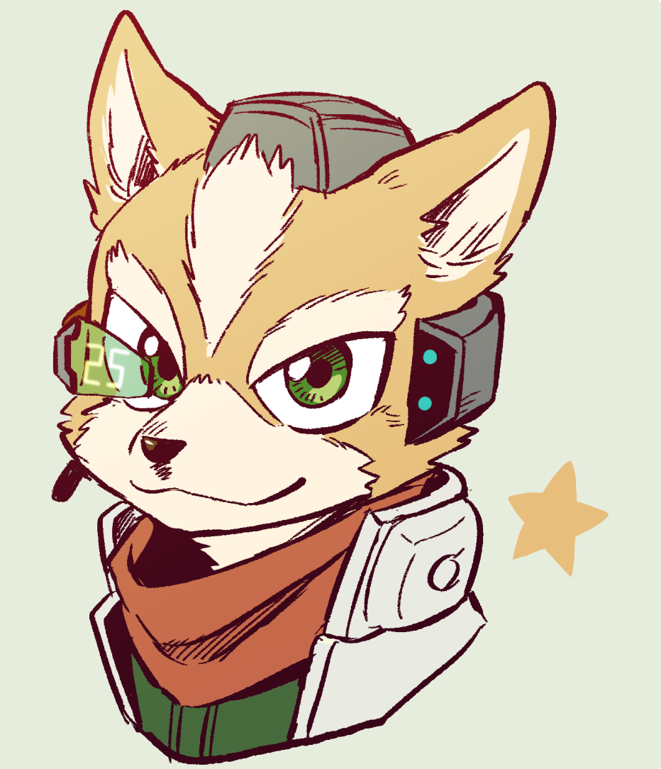 1boy, commentary_request, dark_ishihara, fox_mccloud, furry, furry_male, green_eyes, looking_at_viewer, male_focus, neckerchief, nintendo, red_neckerchief, smile, star_(symbol), star_fox, super_smash_bros., upper_body, yellow_background