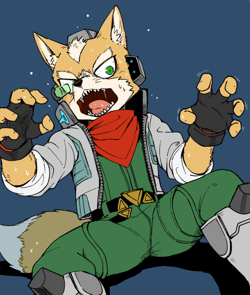 1boy, animal_ears, black_gloves, commentary_request, dark_ishihara, fangs, fingerless_gloves, fox_boy