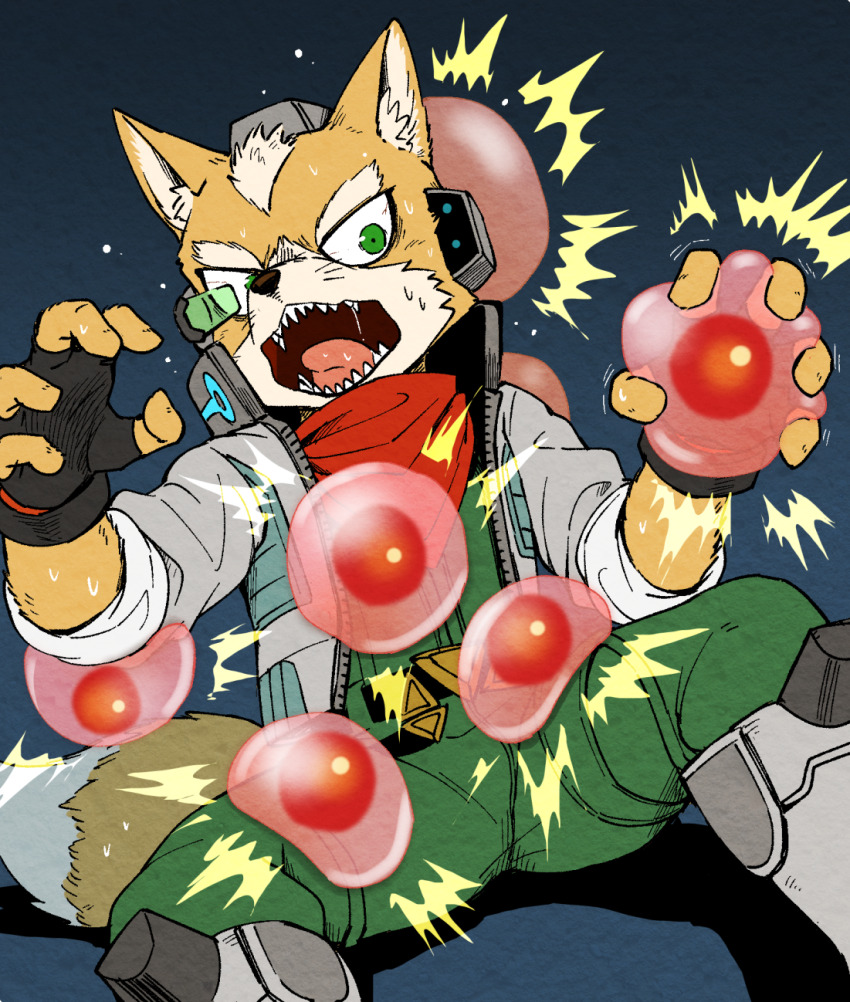 1boy, animal_ears, black_gloves, commentary_request, dark_ishihara, fangs, fingerless_gloves, fox_boy, fox_ears, fox_mccloud, fox_tail, furry, furry_male, gloves, gooey_bomb, green_eyes, green_overalls, highres, jacket, male_focus, neckerchief, nintendo, open_mouth, overalls, red_neckerchief, star_fox, super_smash_bros., tail, white_jacket, wide-eyed