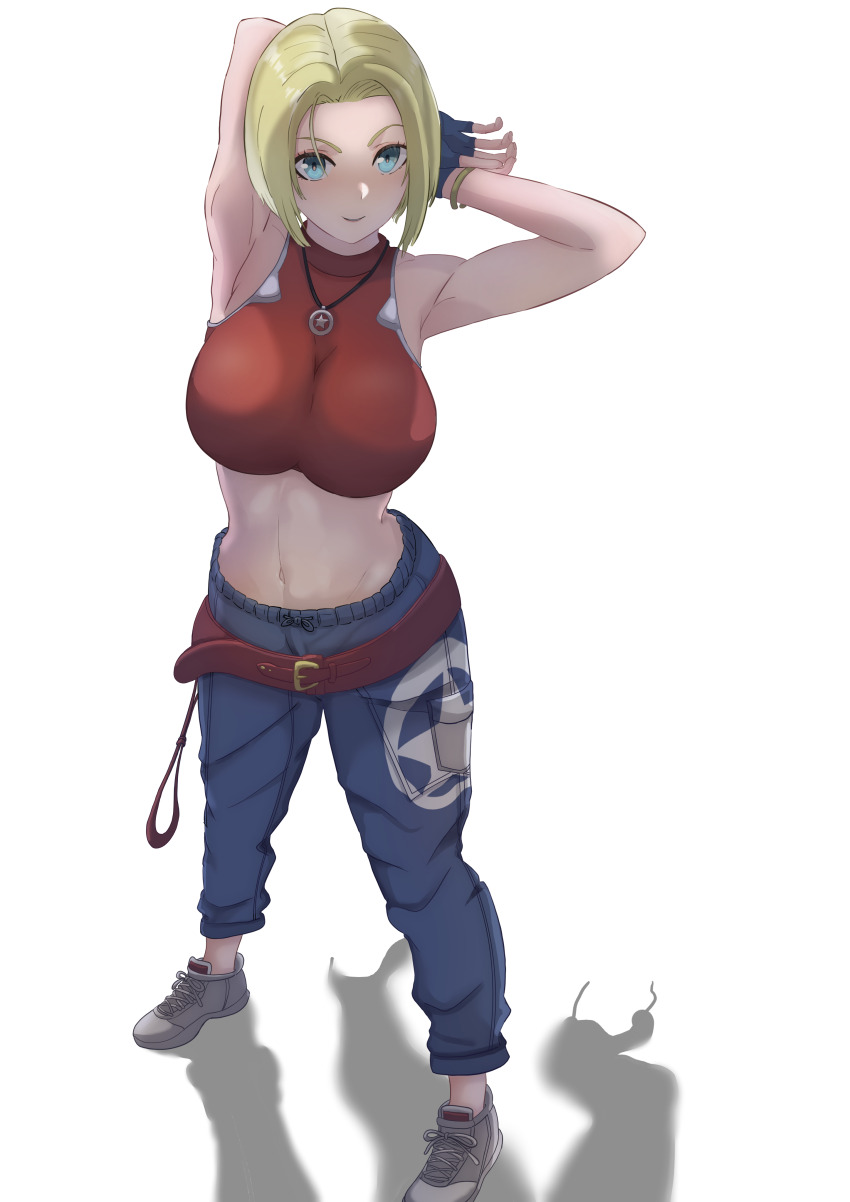 1girl, absurdres, armpits, arms_behind_head, blue_eyes, blue_mary, breasts, denim