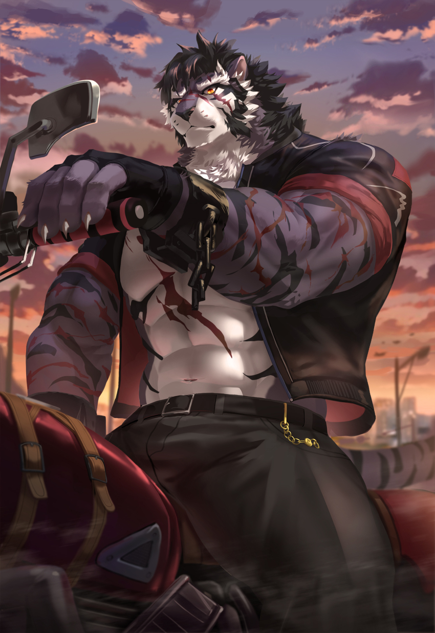 1boy, abs, animal_ears, bara, black_fur, black_hair, black_jacket, black_pants